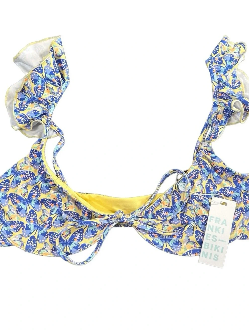 Frankie's Bikinis Blue and Cream Butterfly Tie-Front Bikini Top and tie bottoms